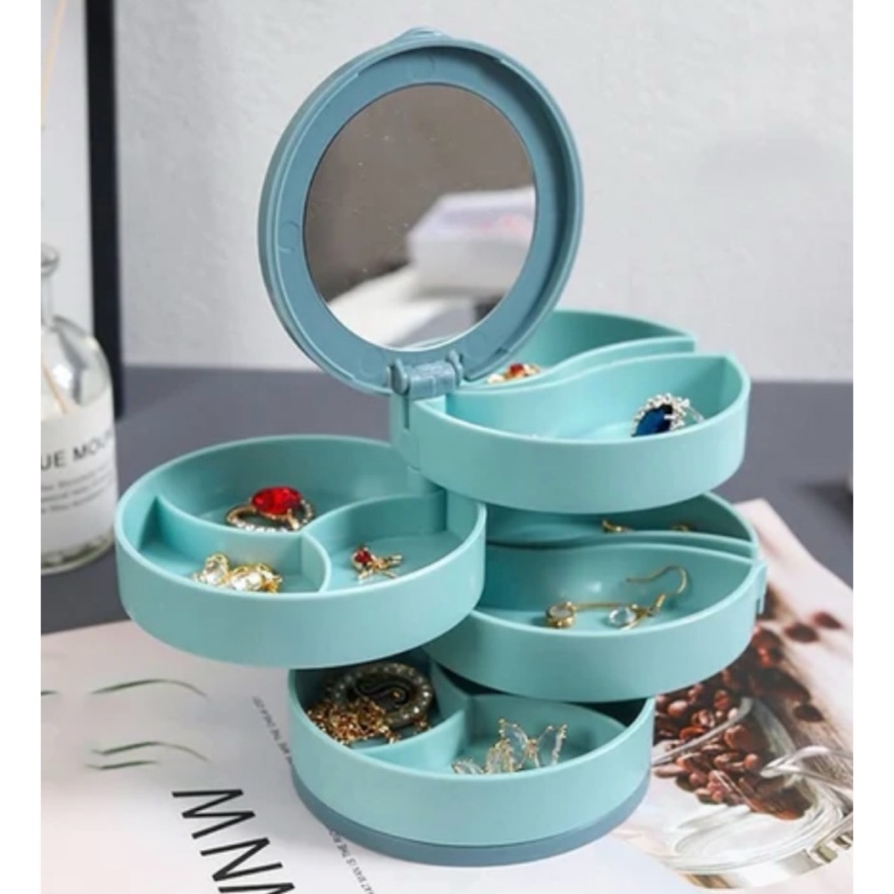 (NIB) Blue/Grey Round Four-Tiered Rotating Stacked Jewelry Organizer with Mirror